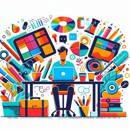 Vector illustration of creative workspace with laptop and office supplies. Flat style design.のイラスト素材