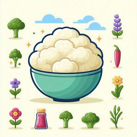 Vector illustration of cauliflower in bowl. Cauliflower icon set.のイラスト素材