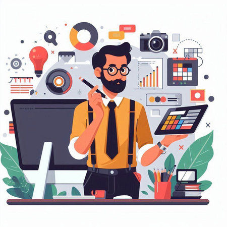 Businessman working at the office. Vector illustration in a flat styleのイラスト素材