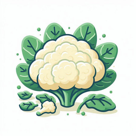 Cauliflower with green leaves isolated on white background. Vector illustration.のイラスト素材