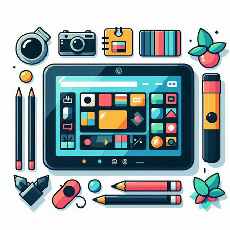 Flat design modern vector illustration concept of creative graphic designer workspace with tablet, pencil, camera and other objects.のイラスト素材