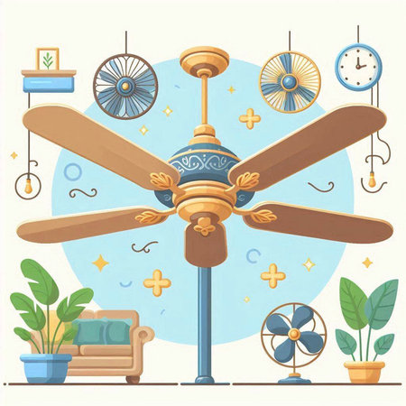 Ceiling fan with fans and decorative elements. Vector illustration.のイラスト素材