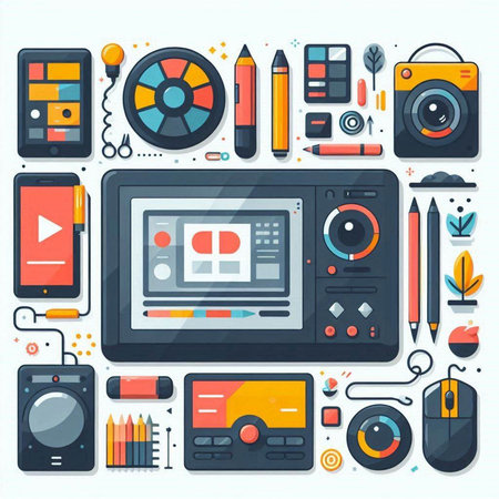 Flat design vector illustration concept of electronic gadgets and gadgets. Mobile phone, tablet, laptop, camera, speaker, video player, microphone, headphones, headphones, headphones.のイラスト素材