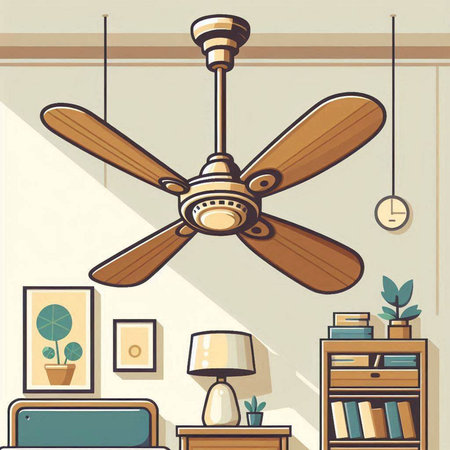 Ceiling fan in living room. Vector illustration in flat styleのイラスト素材
