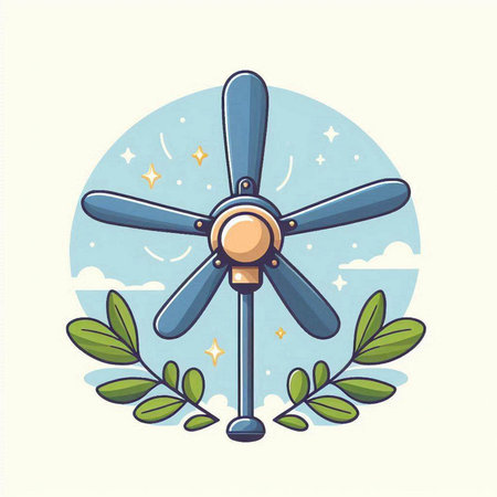 Illustration of a propeller in the sky with green leaves.のイラスト素材