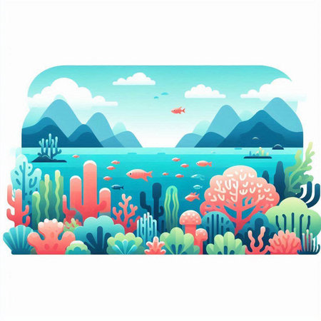 Sea landscape with coral reef, fish and plants. Vector illustration.のイラスト素材