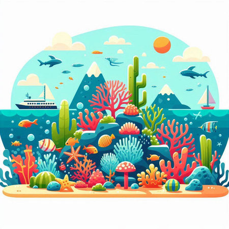 Sea landscape with corals and tropical fish. Vector cartoon illustration.のイラスト素材