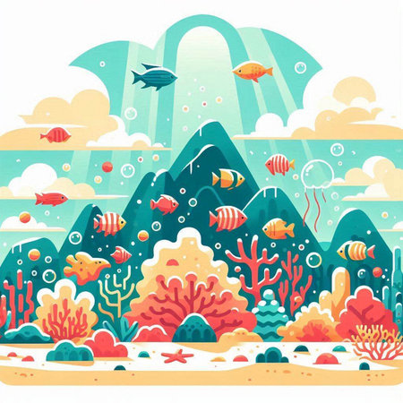 Underwater landscape with fish, corals and mountains. Vector illustrationのイラスト素材