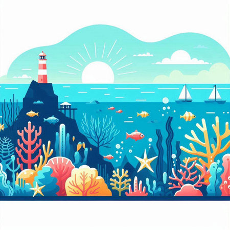 Sea landscape with coral reef, fish and lighthouse. Vector illustration.のイラスト素材