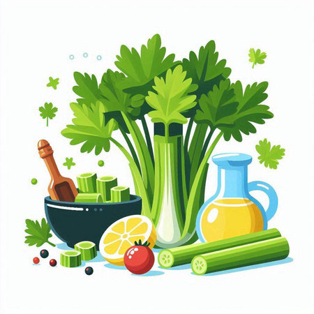 Parsley, celery, lemon, olive oil and parsley. Vector illustration.のイラスト素材