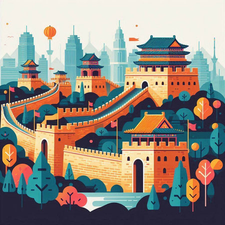 Colorful vector illustration of Great Wall of China in flat style.のイラスト素材