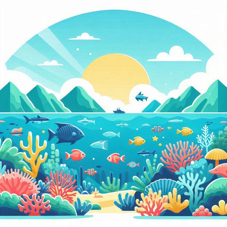Underwater landscape with corals, fishes and sun. Vector illustrationのイラスト素材