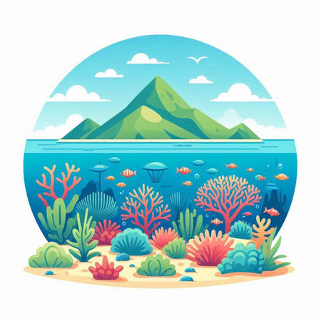 Sea landscape with corals and mountains. Vector illustration in cartoon style.のイラスト素材