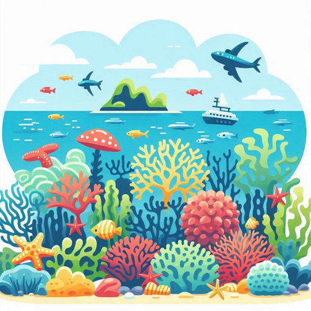 Underwater landscape with coral, fish and boat. Vector illustration.のイラスト素材