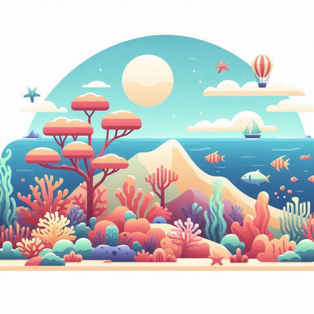 Coral reef and marine landscape in cartoon style. Vector illustration.のイラスト素材