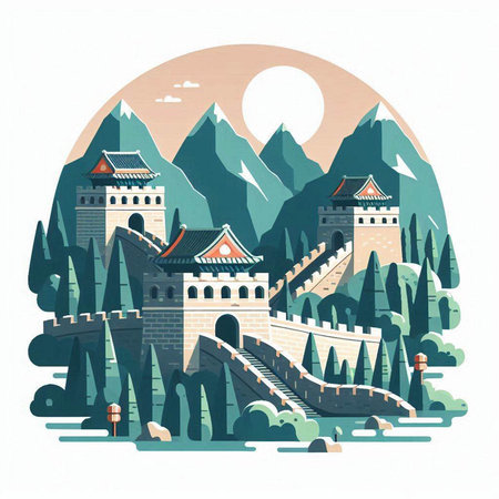 Landscape of Great Wall of China. Vector illustration in a flat style.のイラスト素材