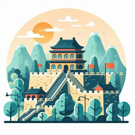 Landscape of a chinese temple. Vector illustration in flat styleのイラスト素材