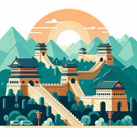 Landscape with Great Wall of China. Vector illustration in flat styleのイラスト素材