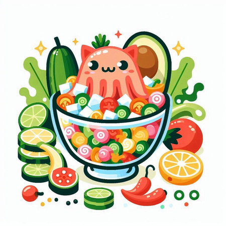 Funny salad in a bowl. Cute cartoon character. Vector illustration.のイラスト素材