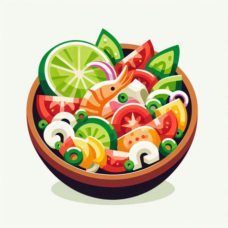 Salad with shrimps and vegetables in bowl. Vector illustration.のイラスト素材