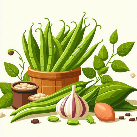Vegetable set with green beans, garlic, onion, parsley and pea. Vector illustrationのイラスト素材