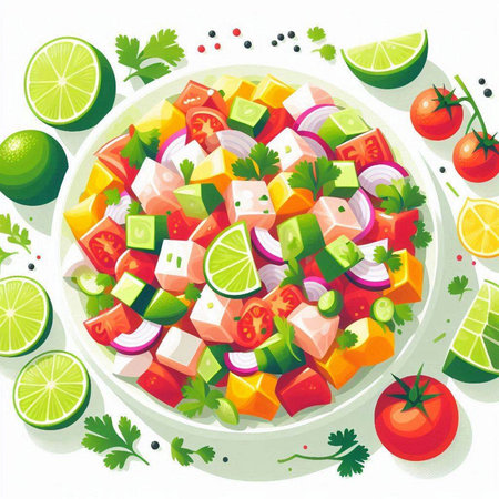 Healthy salad with tomatoes, cucumber, onion, parsley and lime.のイラスト素材
