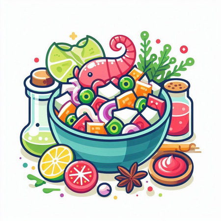 Vegetable salad with shrimps, tomatoes, onions and spices. Vector illustration.のイラスト素材