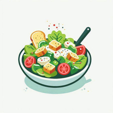 Illustration of salad with tomatoes, mozzarella and bread in bowlのイラスト素材