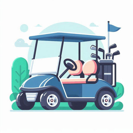 Golf cart on the golf course. Vector illustration in cartoon styleのイラスト素材
