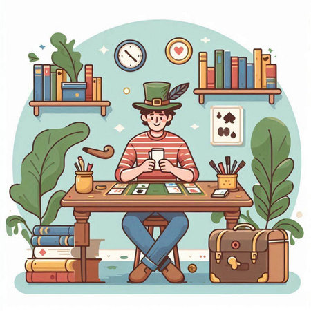 Illustration of a man sitting at his desk and reading a bookのイラスト素材