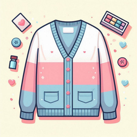 Vector illustration of a jacket with a pattern of hearts, buttons and other decorative elements.のイラスト素材
