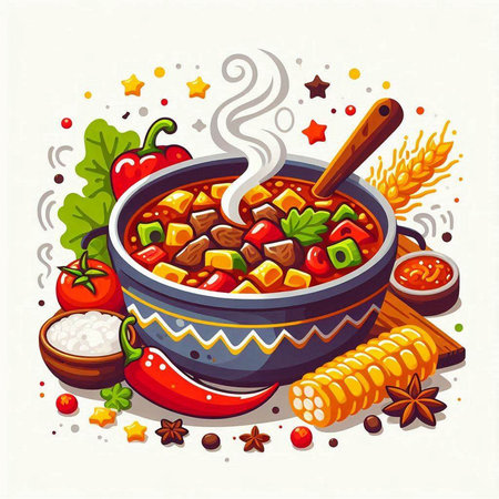 Illustration of a bowl of hot soup with vegetables and spices.のイラスト素材