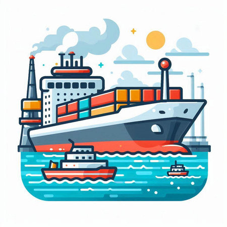 Cargo ship in the sea. Freight transportation. Flat vector illustration.のイラスト素材