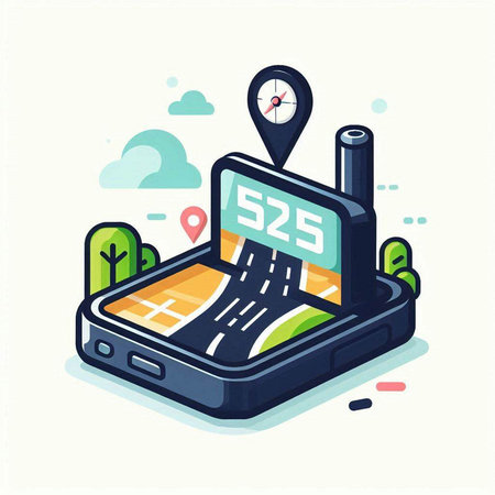 Mobile phone with map and navigation icon. Vector illustration in flat styleのイラスト素材