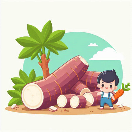 cute boy holding sugarcane on the ground, vector illustrationのイラスト素材