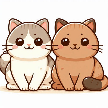 Cute cat and cat sitting on white background. Vector illustration.のイラスト素材