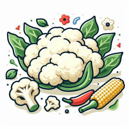 Cauliflower and chili pepper on white background. Vector illustration.のイラスト素材