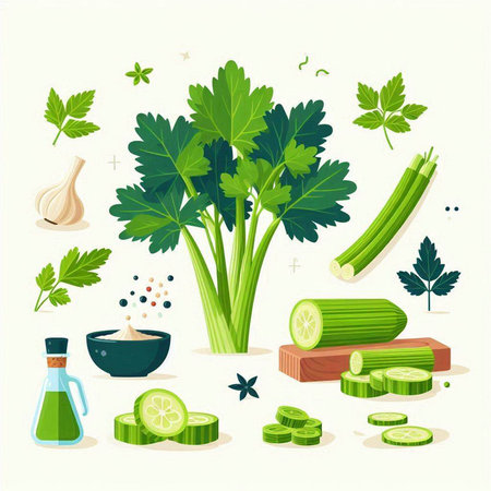 Vector illustration of fresh vegetables. Cucumber, celery, parsley, garlic, olive oil, salt and pepper.のイラスト素材