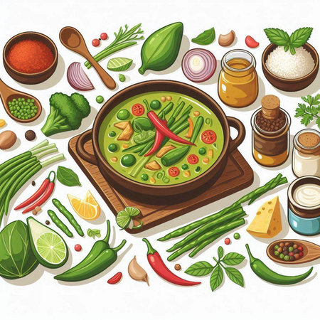 Vegetable soup with green beans, cucumber, onion, pepper, tomato, lemon, garlic, parsley and spices in bowl. Vector illustration.のイラスト素材
