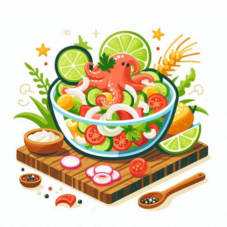 Vegetable salad with squid and octopus in bowl. Vector illustrationのイラスト素材