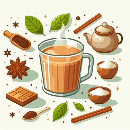Cup of hot tea with spices, cinnamon, star anise, coffee beans, cinnamon sticks. Vector illustration.のイラスト素材