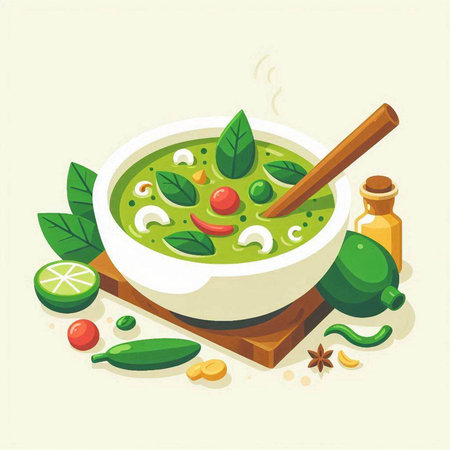 Green curry soup in bowl with ingredients. Vector illustration in flat style.のイラスト素材