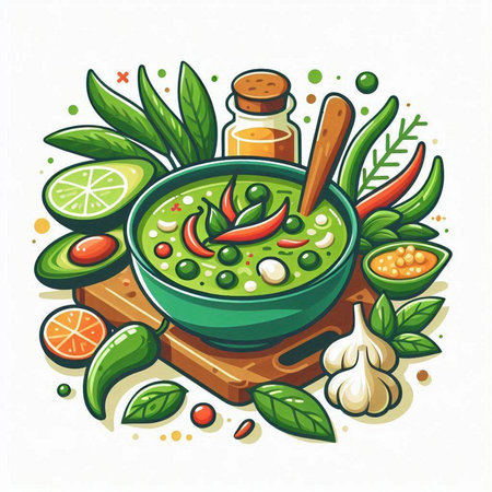 Spicy green sauce in bowl with herbs and spices. Vector illustration.のイラスト素材