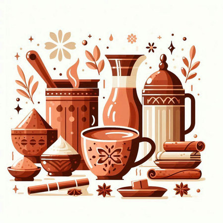 Cup of tea with cinnamon, anise, anise and spices. Vector illustration.のイラスト素材