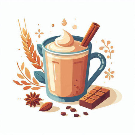 Illustration of a cup of coffee with whipped cream, cinnamon, anise and chocolate. Vector illustrationのイラスト素材