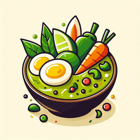 Illustration of a bowl of green curry with fresh vegetables and eggsのイラスト素材