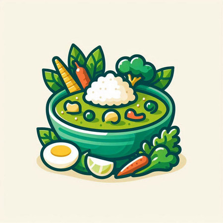Illustration of a bowl of rice with vegetables and eggs on a light backgroundのイラスト素材