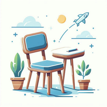 Vector illustration of a school desk with books, a rocket and a flowerpotのイラスト素材
