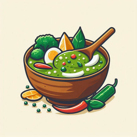 Spinach soup in wooden bowl with spoon. Vector illustration.のイラスト素材