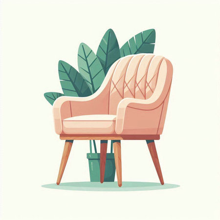 Comfortable armchair and flowerpot. Vector illustration in cartoon styleのイラスト素材
